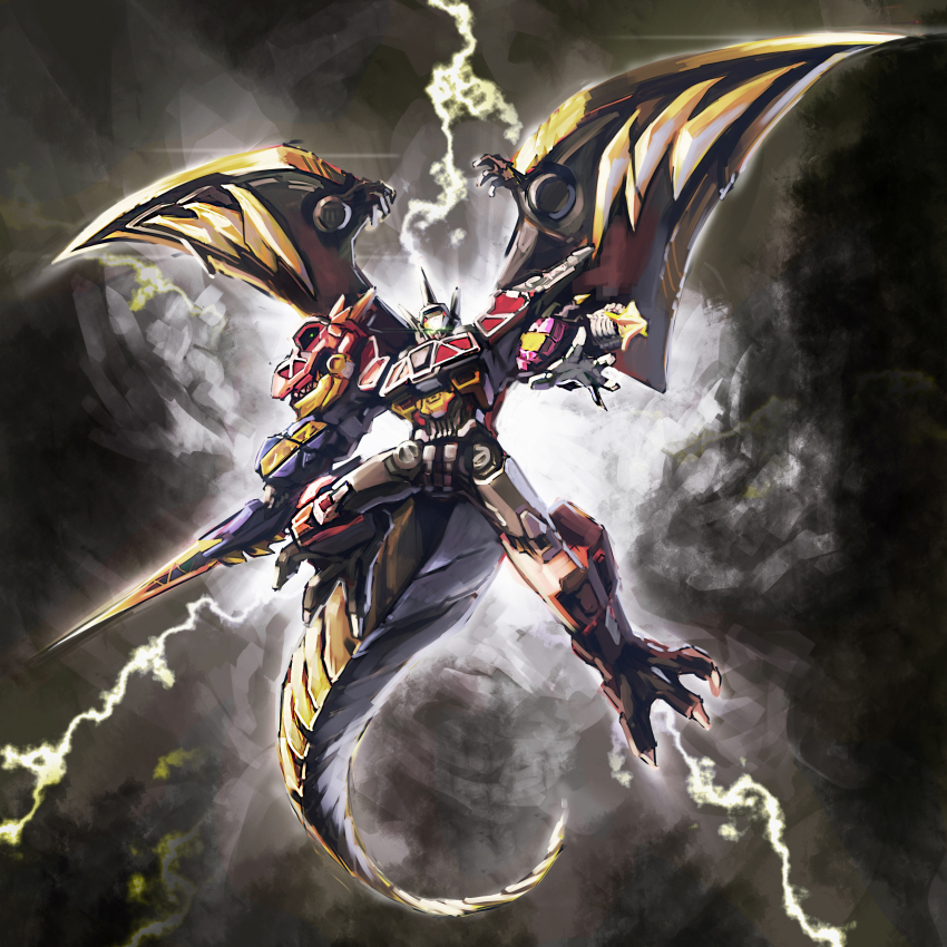 absurdres armor cloud full_body highres holding holding_sword holding_weapon huge_weapon lightning lightning_bolt_symbol machinery mecha no_humans power_rangers power_rangers_dino_charge raiden_kyoryuzin robot simonori sketch super_sentai sword tail thunder weapon zyuden_sentai_kyoryuger