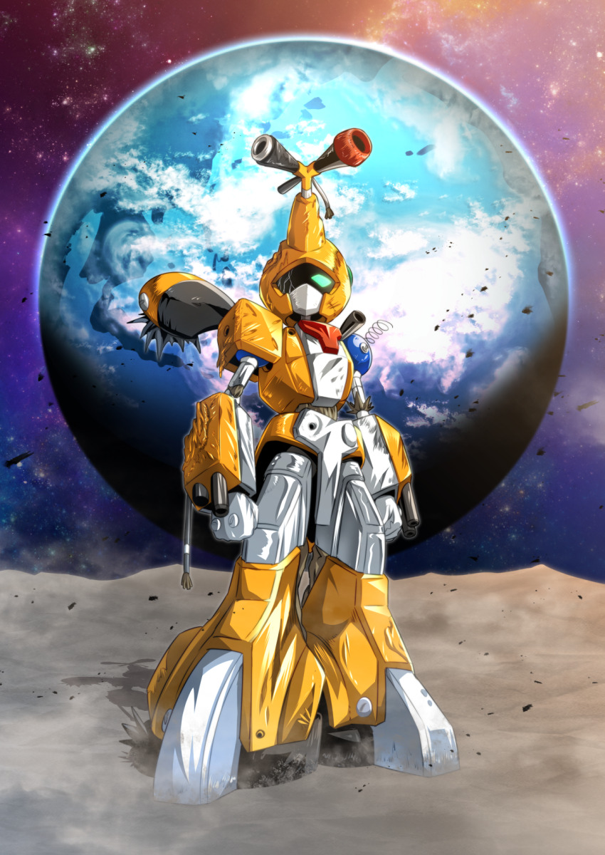 arm_cannon arms_at_sides cable commentary_request crack cracked_glass damaged earth_(planet) floating_rock full_body green_eyes highres humanoid_robot looking_at_viewer mecha medarot medarot_3 metabee no_humans nomayo one-eyed planet robot saikachis science_fiction solo space spring_(object) standing star_(sky) weapon