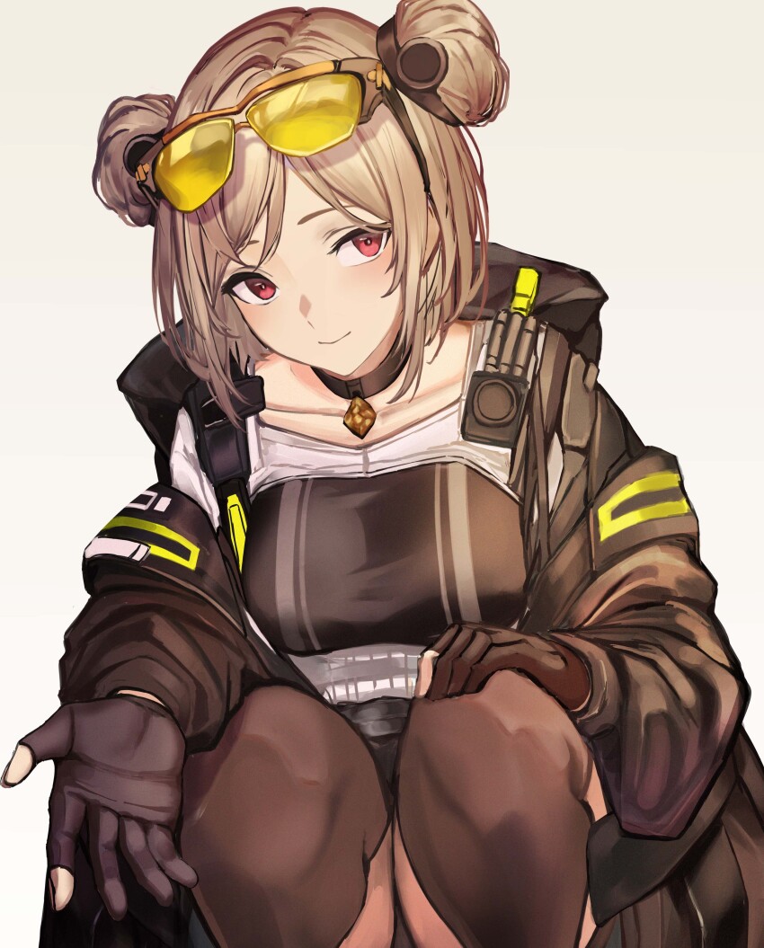 1girl 3_small_spiders absurdres black_choker black_gloves breasts brown-framed_eyewear choker closed_mouth collared_shirt commentary_request commission diamond_(shape) double_bun eyewear_on_head feet_out_of_frame girls&#039;_frontline gloves hair_bun hair_ornament hand_on_own_knee highres jacket light_brown_hair long_sleeves looking_at_viewer medium_breasts medium_hair open_clothes open_jacket orange-framed_eyewear over-rim_eyewear p90_(girls&#039;_frontline) partial_commentary partially_fingerless_gloves radio red_eyes semi-rimless_eyewear shirt simple_background skeb_commission smile solo squatting sunglasses thighhighs tinted_eyewear two-tone_eyewear white_background yellow-tinted_eyewear