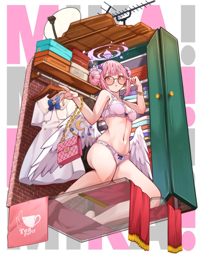 1girl angel_wings antennae bag bare_shoulders barefoot bespectacled blue_archive blush breasts closed_mouth closet clothes clothes_hanger double_bun feathered_wings glasses hair_bun hair_ornament halo hanahashi_bagara handbag highres indoors kneeling large_breasts lingerie looking_at_viewer low_wings mika_(blue_archive) panties pink_hair pink_halo pink_nails radar_dish round_eyewear see-through_clothes sliding_doors solo stomach underwear underwear_only white_wings wing_ornament wings