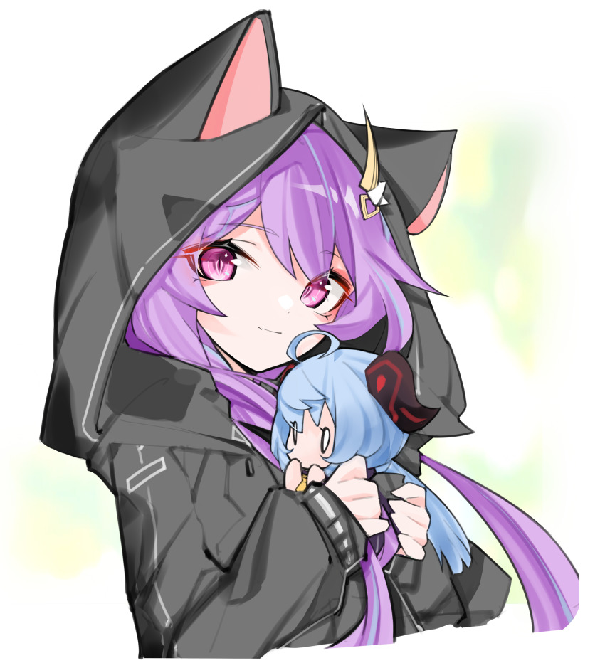 0_0 1girl absurdres ahoge alternate_costume animal_ears black_jacket blue_eyes blush cat_ears character_doll chinese_commentary closed_mouth commentary_request curled_horns doll dot_nose error1980 eyelashes fang fang_out ganyu_(genshin_impact) genshin_impact goat_horns hair_ornament highres holding holding_doll hood hoodie horns jacket keqing_(genshin_impact) long_hair long_sleeves looking_at_viewer purple_eyes purple_hair red_horns sidelocks simple_background skin_fang smile solid_oval_eyes solo standing upper_body white_background