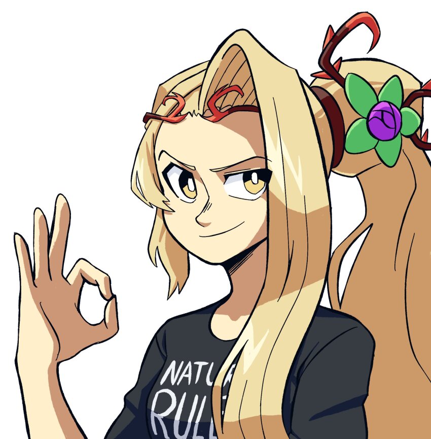 1girl alejo5599 alternate_costume black_shirt blonde_hair clothes_writing flower hair_flower hair_ornament highres kid_icarus kid_icarus_uprising looking_at_viewer nintendo ok_sign ponytail shirt simple_background solo viridi white_background yellow_eyes