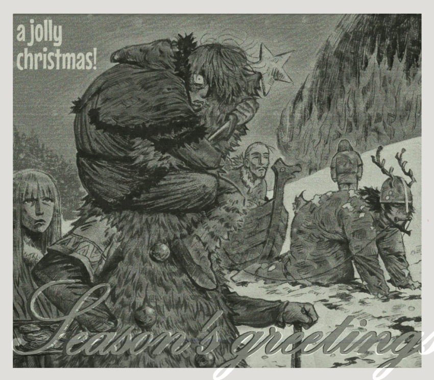 5boys all_fours askeladd atli_(vinland_saga) bjorn_(vinland_saga) boat canute christmas christmas_tree fake_antlers flrrrrr222222 greyscale holding holding_knife knife long_hair monochrome multiple_boys outdoors snow thorfinn vinland_saga watercraft willibald