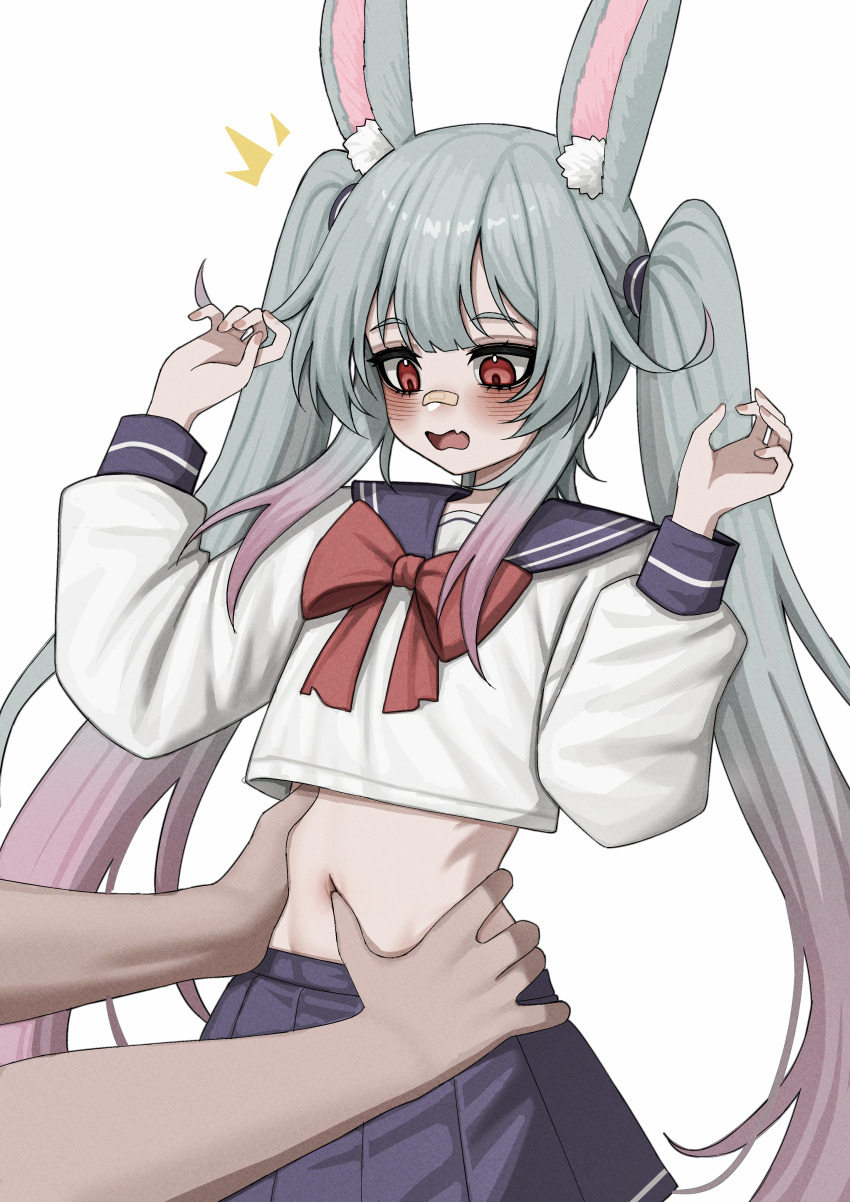 1girl absurdres animal_ears bandaid bandaid_on_face bandaid_on_nose blush bow gradient_hair grey_hair highres indie_virtual_youtuber lobsteranian long_hair long_sleeves multicolored_hair navel rabbit_ears red_bow red_eyes sailor_collar school_uniform skirt solo_focus twintails
