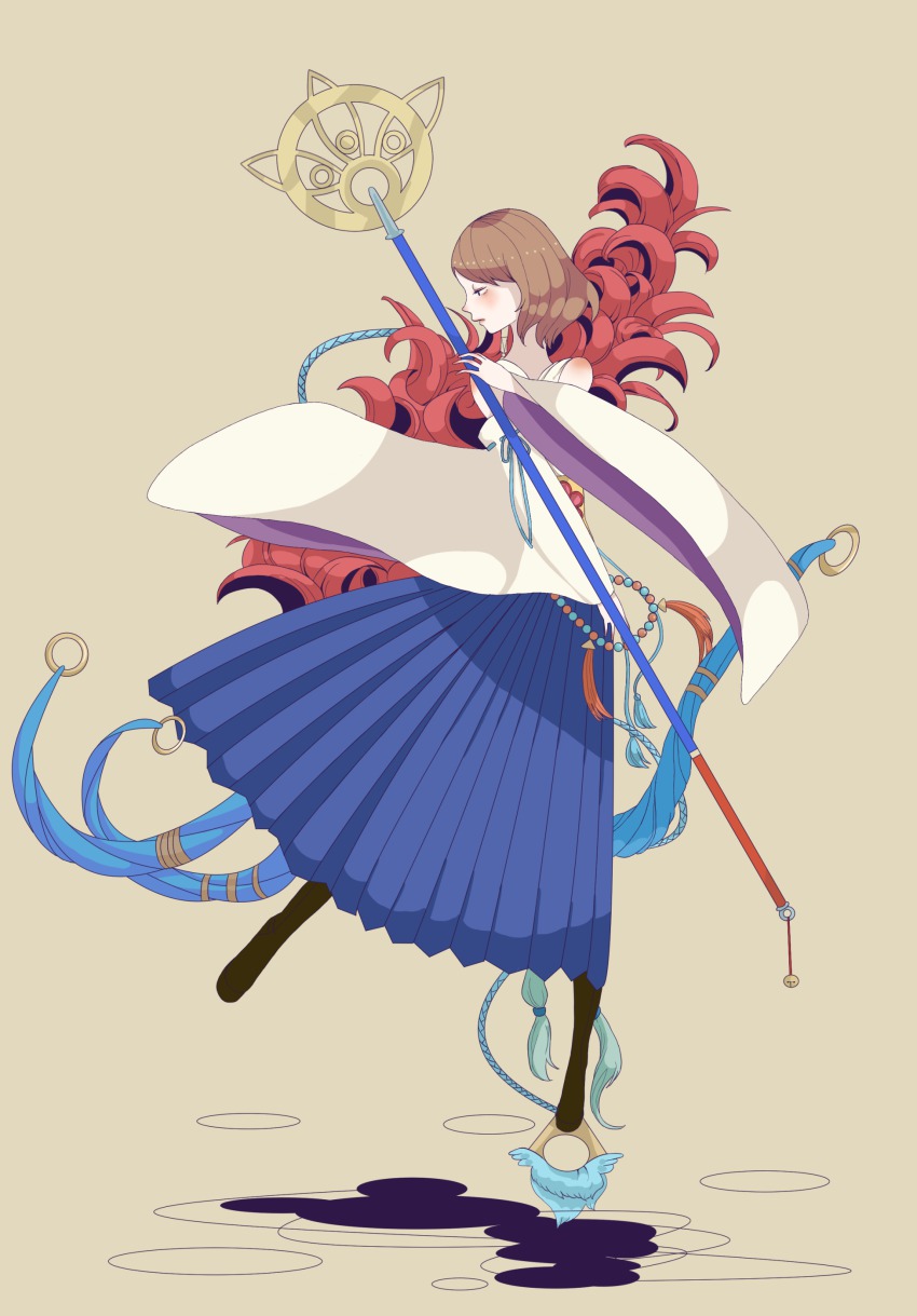 00s 1girl absurdres artist_request bare_shoulders beads blue_hair boots braid brown_hair detached_sleeves final_fantasy final_fantasy_x highres japanese_clothes long_skirt looking_to_the_side red_hair shiva_(final_fantasy) short_hair skirt staff valefor wide_sleeves yuna