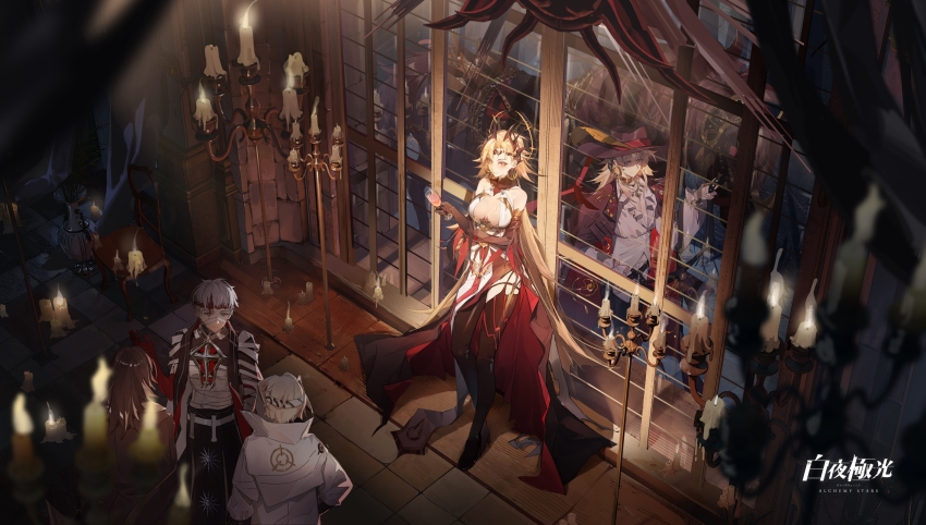 1girl 4boys absurdres alchemy_stars bandages bare_shoulders black_footwear black_gloves black_pants blonde_hair blurry blurry_foreground boots breasts breasts_apart brown_hair candelabra candle candlestand chair cleavage coat coat_on_shoulders copyright_name cup dress earrings elbow_gloves faust_(alchemy_stars) gloves hat hat_feather headband heterochromia highres holding holding_cup horse jewelry loftcat long_hair maid_headdress medium_breasts multiple_boys nails_(alchemy_stars) navigator_(alchemy_stars) official_art pants pelvic_curtain red_coat shirt short_hair sleeveless sleeveless_dress solo_focus standing thigh_boots vase victoria_(alchemy_stars) white_coat white_hair white_shirt wilhelm_(alchemy_stars) window yellow_eyes