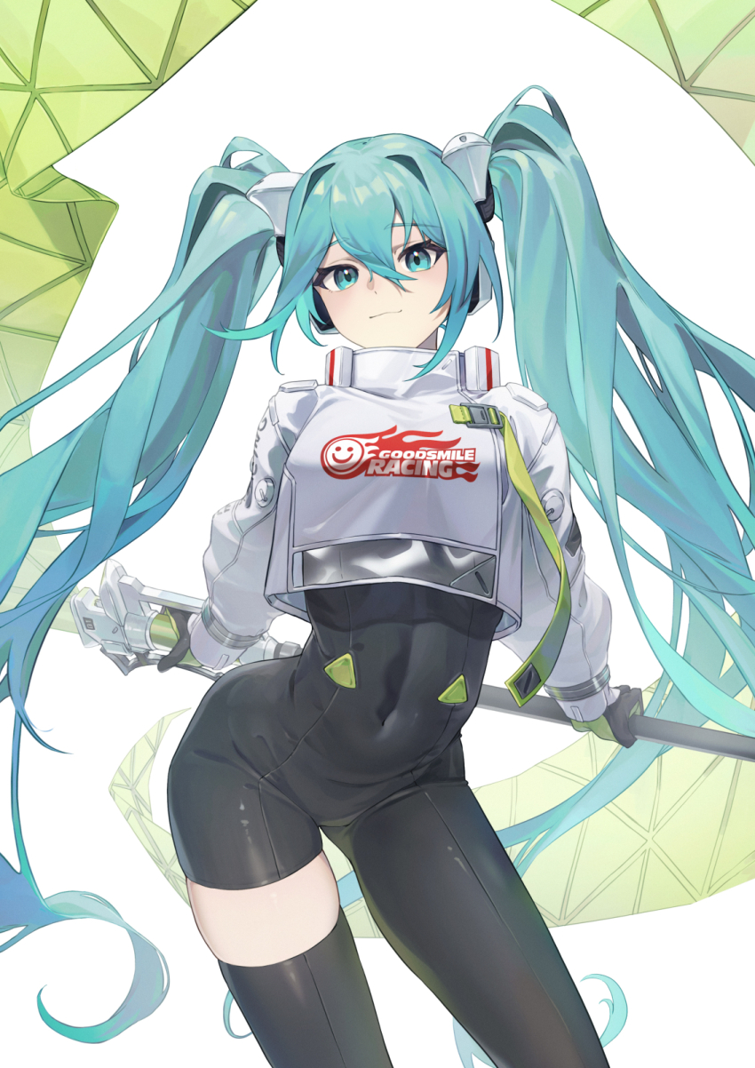 1girl aqua_eyes aqua_hair asymmetrical_bodysuit black_bodysuit black_gloves bodysuit closed_mouth commentary covered_navel cropped_jacket english_commentary feet_out_of_frame gloves goodsmile_racing green_gloves hatsune_miku highres holding holding_pole jacket long_hair looking_at_viewer pole racing_miku racing_miku_(2022) single_leg_bodysuit smile solo toga_(toganawa) twintails two-tone_gloves very_long_hair vocaloid white_jacket