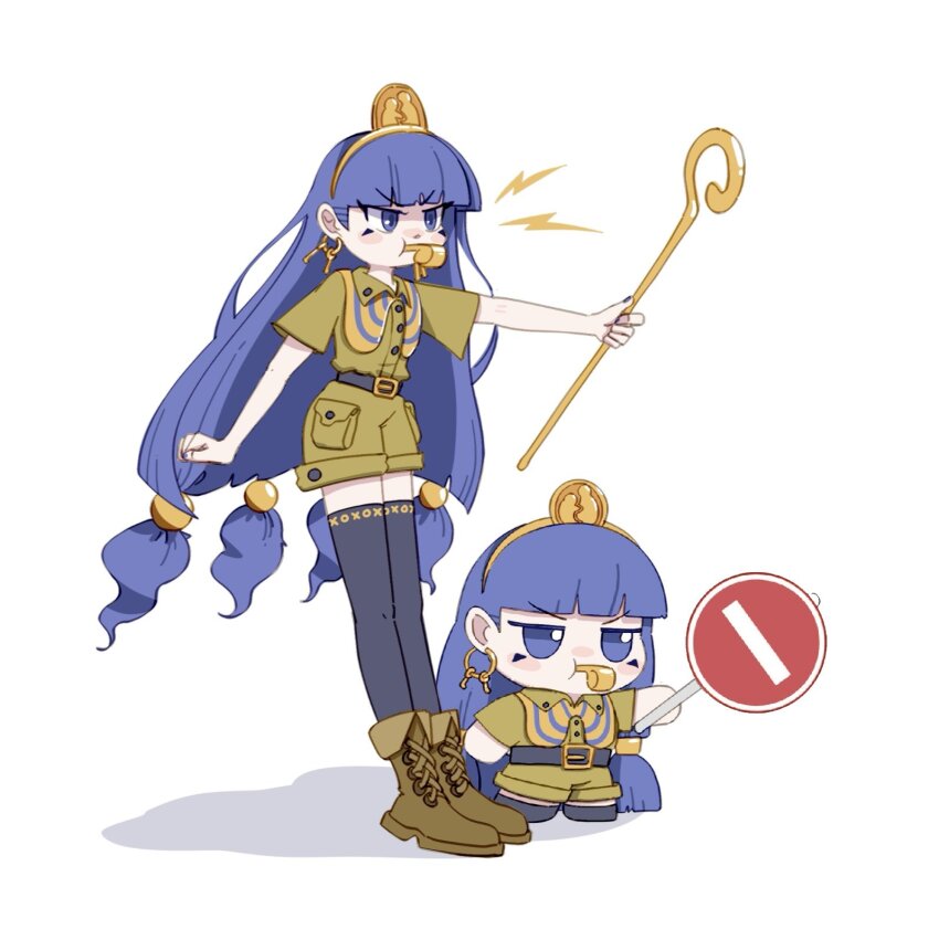 2girls ankle_boots ay606078 belt belt_buckle black_belt black_thighhighs blue_eyes blue_hair blue_nails blush_stickers boots brown_boots brown_shirt brown_shorts buckle buttons clenched_hand collared_shirt dual_persona earrings facial_tattoo fossilized_wonders fumo_(doll) gold_buckle hair_bobbles hair_ornament hashtag-only_commentary headpiece highres holding holding_scepter jewelry key key_earrings lightning_bolt_symbol long_hair looking_ahead low-tied_long_hair michigami_nareko multiple_girls no_entry_sign pocket road_sign scepter shadow shirt short_sleeves shorts sign simple_background standing tattoo thighhighs touhou v-shaped_eyebrows very_long_hair whistle white_background