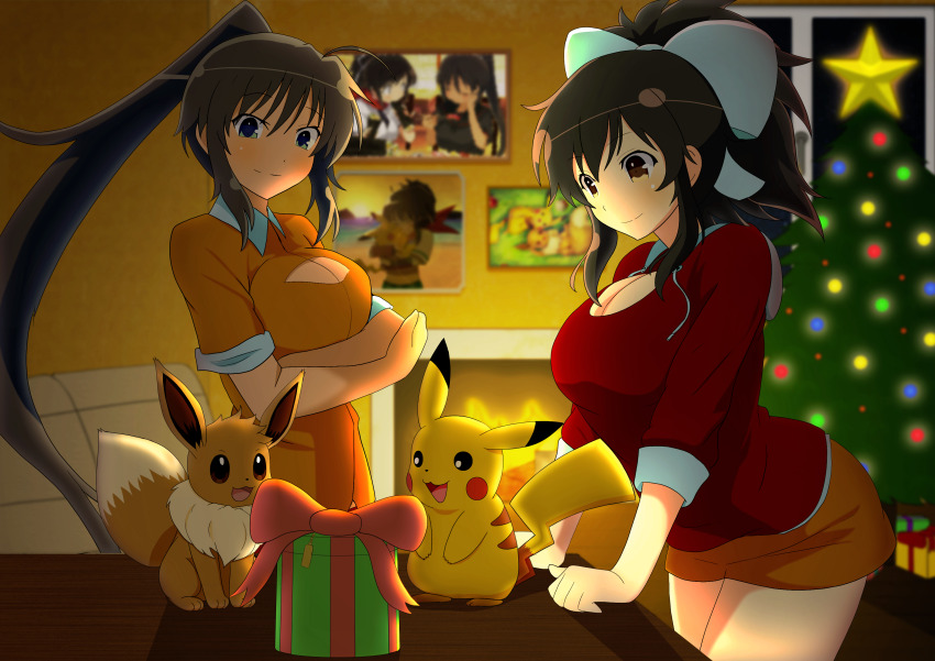 2girls :3 :d absurdres arms_under_breasts asuka_(senran_kagura) black_hair blush bow breasts brown_eyes brown_shirt christmas_ornaments christmas_tree cleavage cleavage_cutout clothing_cutout crossover dark-skinned_female dark_skin eevee fire fireplace gen_1_pokemon gift green_eyes hair_bow high_ponytail highres homura_(senran_kagura) indoors large_breasts long_hair miniskirt multiple_girls nintendo open_mouth picture_frame pikachu pokemon pokemon_(creature) ponytail senran_kagura shirt short_hair short_ponytail short_sleeves skirt smile tan user_aerf7578 very_long_hair white_bow