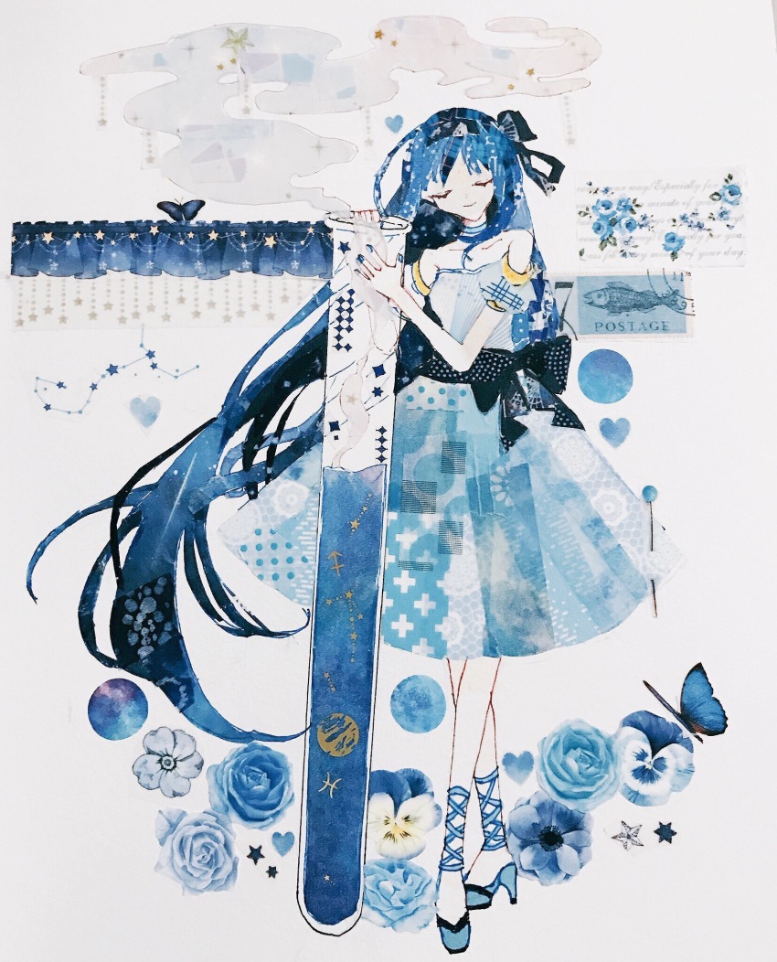 1girl \||/ anemone_(flower) belt blue_belt blue_bow blue_choker blue_dress blue_flower blue_hair blue_hairband blue_rose blue_shoes blue_theme bow breasts bubbles_(shallows_o0) bug butterfly choker closed_eyes closed_mouth constellation detached_sleeves dress floating_hair flower full_body grey_background hair_ribbon hairband hands_up heart high_heels highres holding holding_test_tube insect long_hair masking_tape_(medium) mixed_media multicolored_flower original oversized_object pansy pisces_(symbol) postage_stamp ribbon rose sagittarius_(symbol) scorpius_(constellation) sewing_pin shin_strap shoes short_sleeves small_breasts smile smoke smoke_trail solo standing star_(sky) star_(symbol) strapless strapless_dress test_tube traditional_media unconventional_media very_long_hair