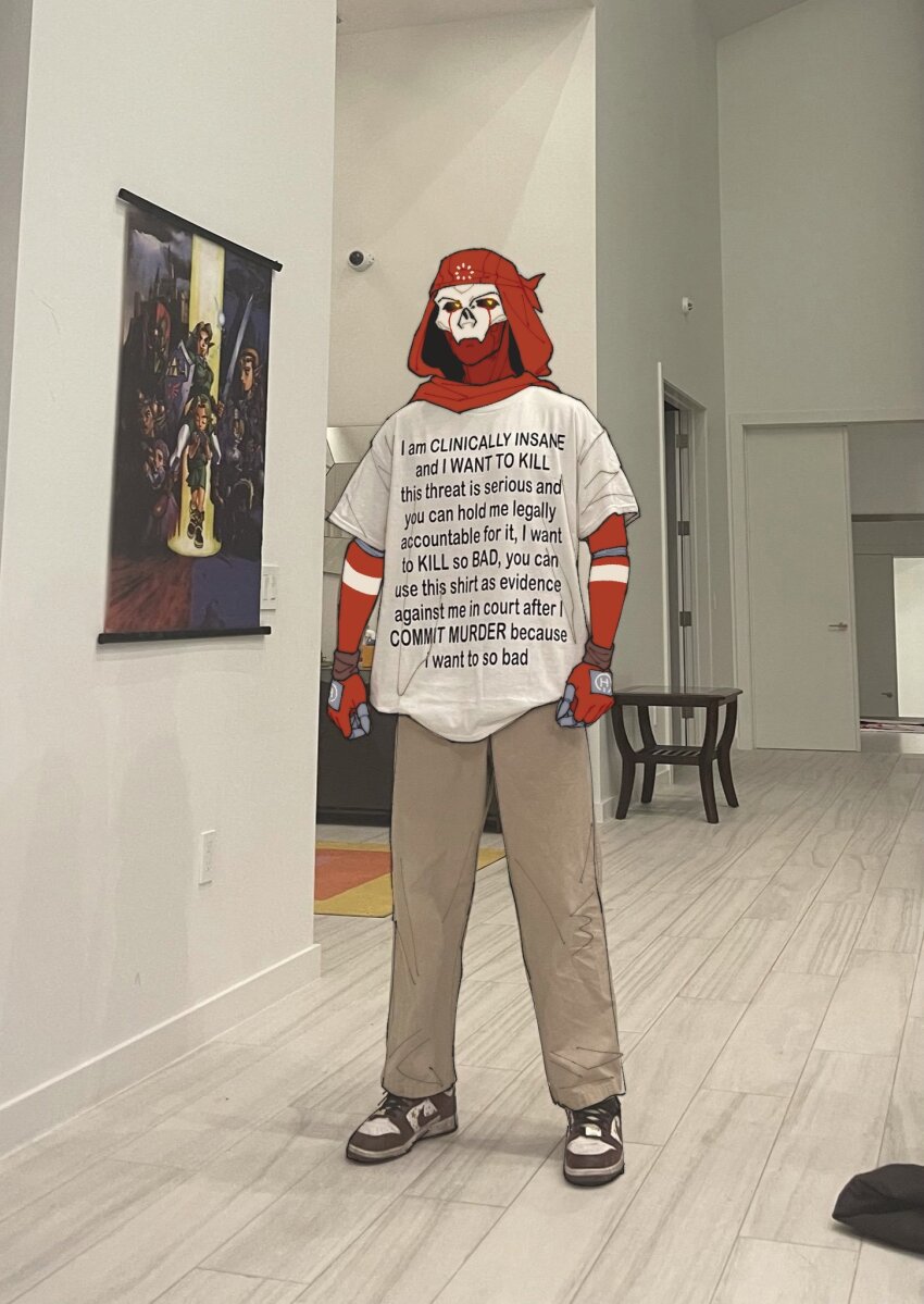 aaron_(agilident1) apex_legends bandana brown_pants classic_revenant clothed_robot commentary english_commentary english_text ganondorf hanging_scroll highres humanoid_robot impa link looking_to_the_side navi nike_(company) nike_air_force_1 nintendo pants photo_background princess_zelda red_bandana red_scarf revenant_(apex_legends) robot scarf scroll sheik shirt standing t-shirt the_legend_of_zelda the_legend_of_zelda:_ocarina_of_time white_shirt young_link