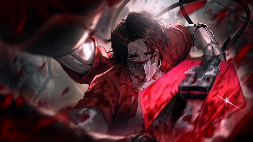 1boy 1girl 2others blood blood_in_hair blood_on_clothes blood_on_face blood_on_mask bloody_weapon brown_hair coat collared_coat collared_jacket cyborg dark-skinned_male dark_skin extra_arms faust_(project_moon) game_cg glaive_(polearm) heathcliff_(project_moon) highres holding incoming_attack jacket limbus_company mask mechanical_arms mechabare messy_hair mouth_mask multicrack_office_(identity)_(project_moon) multiple_others official_art polearm pov project_moon prosthesis prosthetic_arm purple_eyes red_jacket short_hair solo_focus sparkle third-party_source weapon white_coat wire