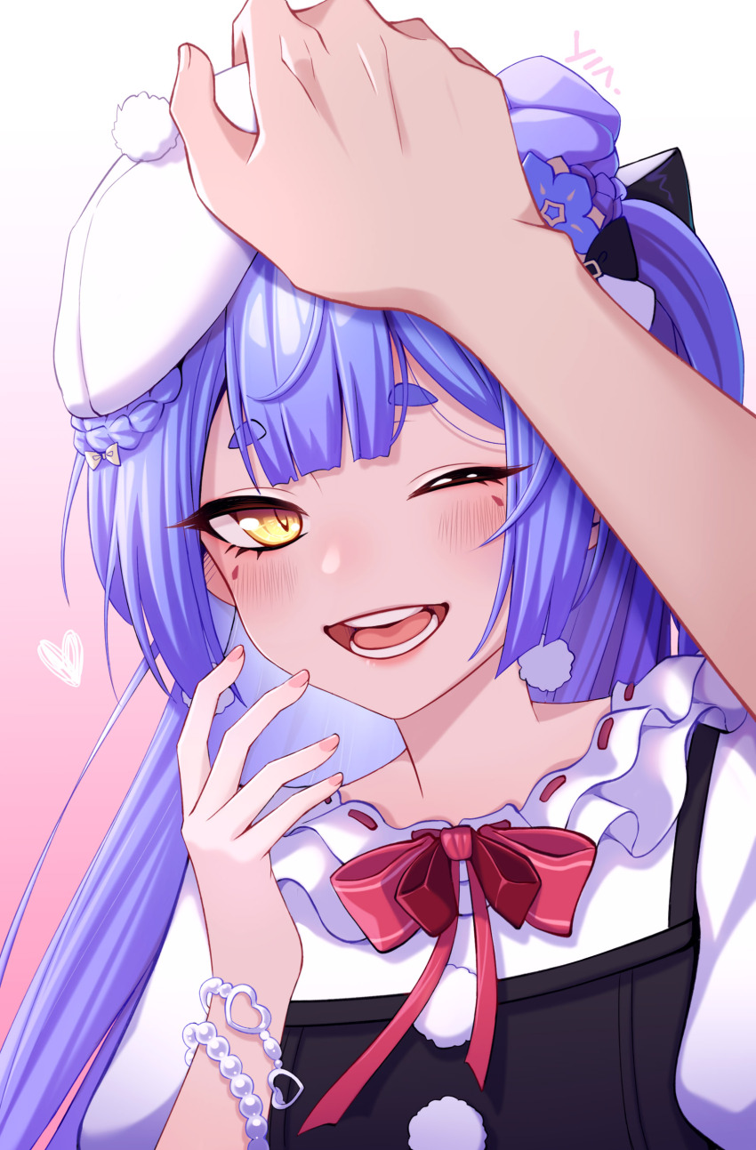 1girl absurdres azusa_(vtuber) virtuareal_link beret black_ribbon blue_flower blue_hair chuansongdai dress flower frilled_dress frills gradient_background hair_flower hair_ornament hair_ribbon hand_up hat headpat heart highres long_hair nijisanji one_eye_closed open_mouth painttool_sai_(medium) pinafore_dress pink_background pov pov_hands puffy_short_sleeves puffy_sleeves red_ribbon ribbon short_sleeves sleeveless sleeveless_dress solo_focus teeth virtual_youtuber virtuareal white_background white_ribbon yellow_eyes