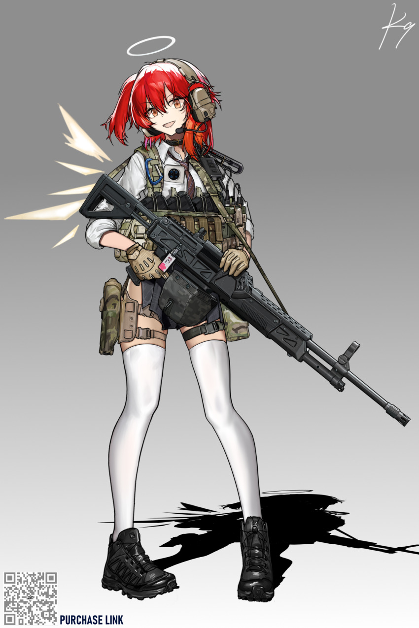 1girl alternate_costume ammunition_box ammunition_pouch angel arknights belt belt_collar black_belt black_boots black_gloves boots brown_gloves buckle camouflage carabiner cellphone charm_(object) chest_rig chinese_commentary collar collared_shirt commentary_request commission detached_wings diagonal-striped_clothes diagonal-striped_necktie ear_protection energy_wings english_text exusiai_(arknights) full_body gloves gradient_background grey_background grey_skirt gun gun_sling halo headset highres holding holding_gun holding_weapon holster is-8_shi_zhong_zhan_che looking_at_viewer machine_gun magazine_(weapon) muzzle_device necktie one_side_up open_mouth phone pleated_skirt pouch qjy-201 qr_code red_eyes red_hair red_necktie shadow shirt short_hair signature simple_background skindentation skirt sleeves_rolled_up smartphone smile snap-fit_buckle solo standing striped_clothes striped_necktie tactical_clothes thigh_holster thigh_pouch thighhighs traditional_halo trigger_discipline walkie-talkie weapon white_shirt white_thighhighs wings woodland_camouflage zettai_ryouiki