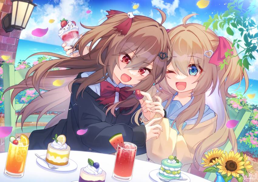 2girls absurdres ahoge black_cardigan blue_eyes blue_sailor_collar blue_sky bow bowtie broken_heart broken_heart_hair_ornament brown_hair cake cardigan chair commission day dress_shirt drink dutch_angle evil_neuro-sama falling_petals flower food from_side fruit hair_between_eyes hair_ornament hair_ribbon heart heart_hair_ornament highres holding holding_food kitsuneco long_hair long_sleeves multiple_girls neuro-sama off-shoulder_cardigan one_eye_closed open_mouth outdoors petals red_bow red_bowtie red_eyes red_ribbon ribbon sailor_collar second-party_source shirt siblings sisters sky strawberry sunflower table twins two_side_up upper_body v-neck vedal_ai virtual_youtuber wall_lamp white_shirt yellow_cardigan