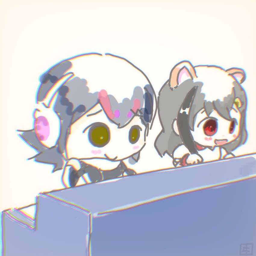 black_hair elbow_gloves fukuinu_daddy gloves highres humboldt_penguin_(kemono_friends) indie_virtual_youtuber kemono_friends kemono_friends_v_project kirara_mimi looking_at_viewer microphone multicolored_hair short_hair tail virtual_youtuber