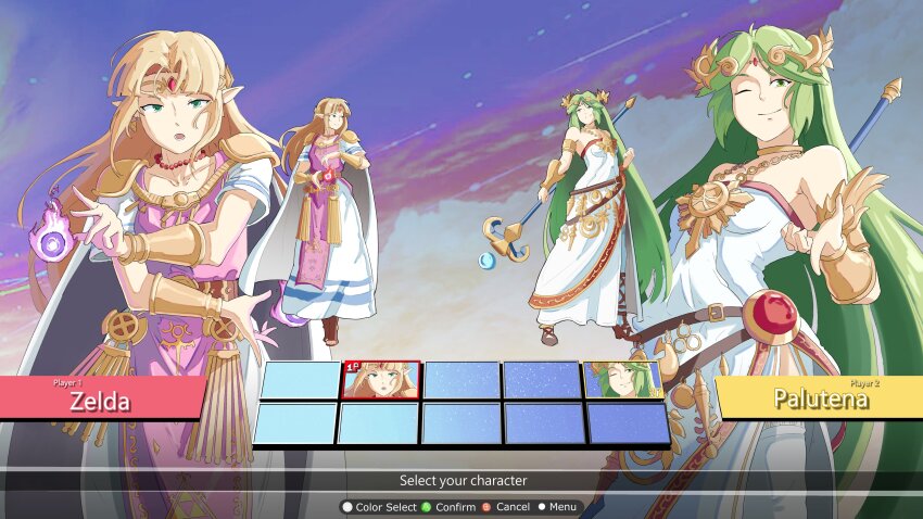 2girls ;) absurdres armor automatic_giraffe blonde_hair blue_eyes boots bracer brown_boots character_name character_select circlet closed_mouth commentary dress english_commentary english_text fighting_game gladiator_sandals greco-roman_clothes green_eyes green_hair highres holding holding_staff jewelry kid_icarus kid_icarus_uprising long_hair looking_at_viewer mage_staff multiple_girls neck_ring necklace nintendo one_eye_closed open_mouth palutena parted_bangs pink_dress pointy_ears princess princess_zelda red_trim sandals short_sleeves shoulder_armor smile staff strapless strapless_dress super_smash_bros. the_legend_of_zelda the_legend_of_zelda:_a_link_between_worlds thighhighs two-tone_dress white_dress white_thighhighs