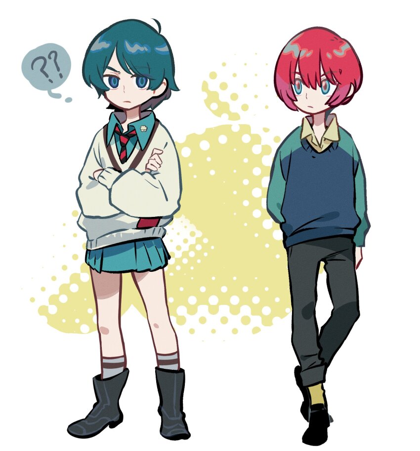 1boy 1girl ? ?? amate_yuzuriha amate_yuzuriha_(cosplay) black_pants blue_eyes blue_hair blue_jacket blue_skirt boots closed_mouth cosplay costume_switch crossdressing crossed_arms grey_boots grey_socks gundam gundam_gquuuuuux highres in-franchise_crossover jacket kamille_bidan kamille_bidan_(cosplay) long_sleeves multicolored_jacket pants red_hair skirt socks speech_bubble spoken_question_mark thought_bubble two-tone_jacket white_jacket xing_20 zeta_gundam