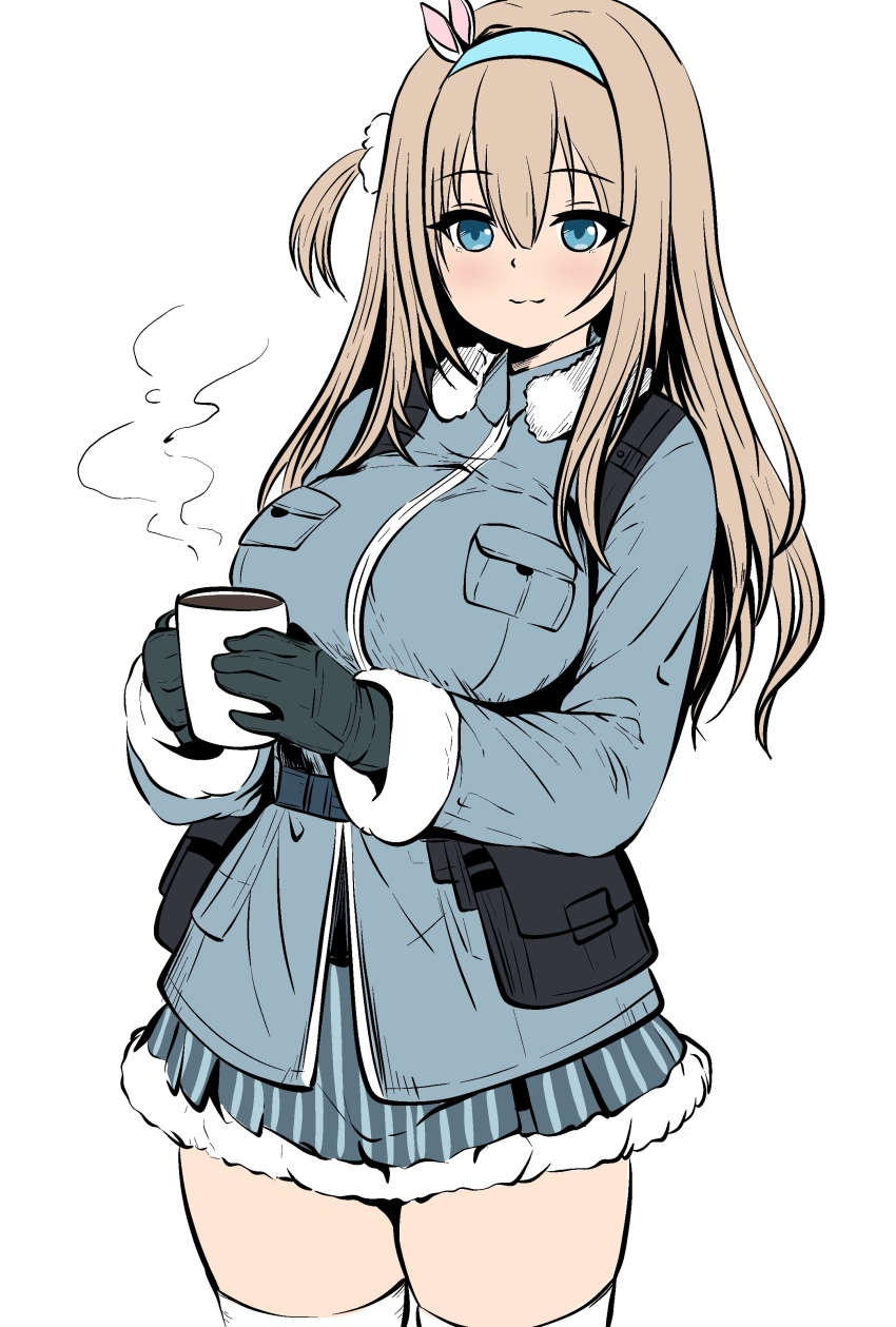 1girl absurdres blonde_hair blue_coat blue_eyes blue_hairband blue_jacket blush breasts coat coffee_mug cup ding36 girls&#039;_frontline girls&#039;_frontline_2:_exilium gloves hair_between_eyes hair_ornament hairband highres jacket long_hair looking_at_viewer mug simple_background smile solo suomi_(girls&#039;_frontline) suomi_(girls&#039;_frontline_2) thighhighs white_thighhighs