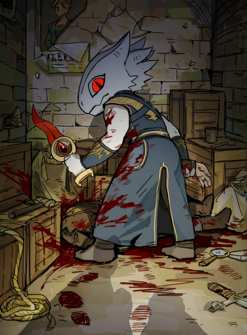 1boy alley back_alley baldur&#039;s_gate baldur&#039;s_gate_3 barrel blood blood_on_arm blood_on_clothes blue_robe brick_wall chibi chibi_only colored_skin crate dagger dismemberment dragon_boy dragon_horns dragonborn_(d&amp;d) dungeons_&amp;_dragons dungeons_&amp;_dragons furry furry_male glowing glowing_eye hammer highres holding holding_dagger holding_knife holding_limb holding_weapon horns knife looking_at_viewer magnifying_glass male_focus murder outdoors poster_(object) red_eyes robe rope sack severed_arm severed_limb shadow slit_pupils solo standing the_dark_urge_(baldur&#039;s_gate) weapon white_skin yy20251111