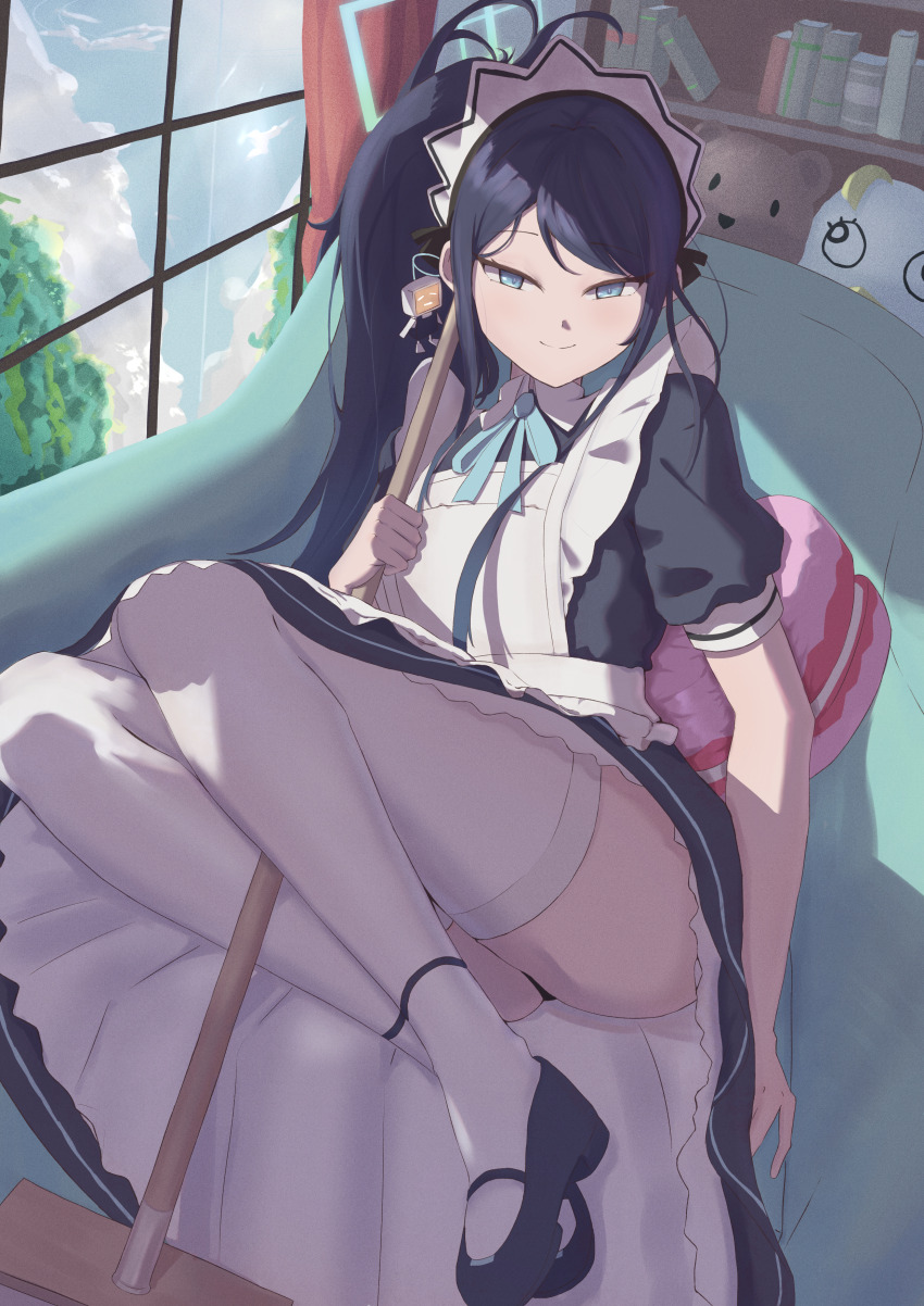 1girl absurdres apron aris_(blue_archive) aris_(maid)_(blue_archive) armchair black_dress black_hair black_shoes blue_archive blue_eyes blue_ribbon chair chinese_commentary closed_mouth commentary_request day dress film_grain frilled_apron frilled_dress frills froggy_(froggy_163) full_body highres holding holding_mop indoors kei_(robot)_(blue_archive) knees_up legs_together light_blush long_hair looking_at_viewer maid maid_apron maid_headdress mary_janes mop neck_ribbon official_alternate_costume official_alternate_hairstyle on_chair parted_bangs peroro_(blue_archive) ponytail puffy_short_sleeves puffy_sleeves ribbon shoes short_sleeves sidelighting sidelocks sitting smile solo split_mouth stuffed_animal stuffed_toy teddy_bear thighhighs thighs tsurime white_apron white_thighhighs window yokozuwari