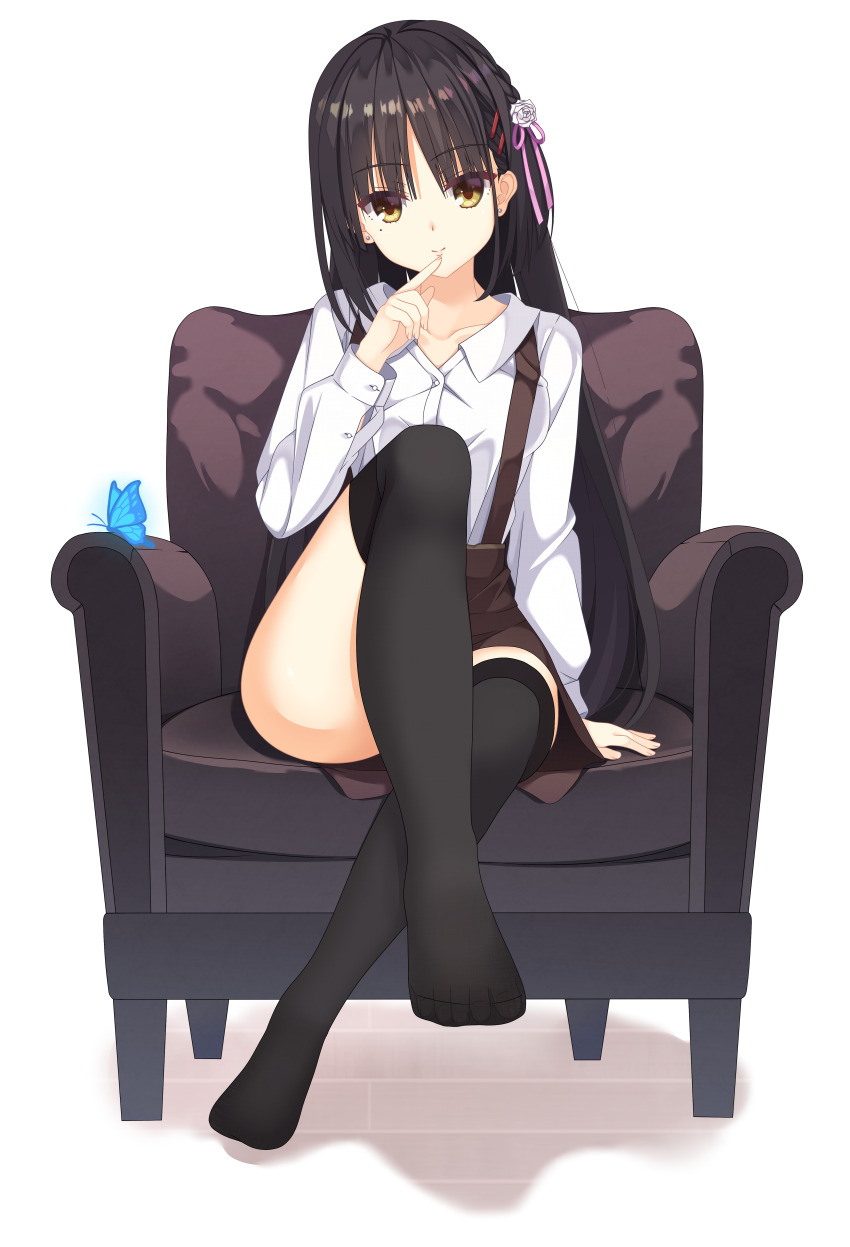 1girl absurdres arm_at_side armchair black_hair black_thighhighs blue_butterfly brown_skirt bug butterfly buttons cafe_stella_to_shinigami_no_chou chair closed_mouth collarbone collared_shirt commentary_request convenient_leg crossed_legs dress_shirt earrings eyes_visible_through_hair feet finger_to_mouth fingernails flower foreshortening full_body glowing_butterfly hair_between_eyes hair_flower hair_ornament hair_ribbon hairclip hand_up high-waist_skirt highres index_finger_raised insect jewelry kaon_zz legs long_hair looking_at_viewer mole mole_under_eye no_shoes on_chair pink_ribbon ribbon rose shiki_natsume shirt simple_background sitting skirt smile solo split_mouth straight_hair stud_earrings suspender_skirt suspenders thighhighs thighs toenails toes tsurime very_long_hair white_background white_flower white_rose white_shirt yellow_eyes zettai_ryouiki