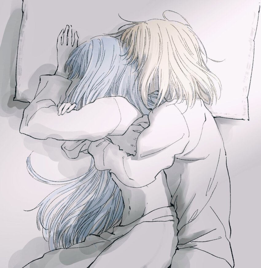 2girls bang_dream! bang_dream!_it&#039;s_mygo!!!!! blonde_hair blue_hair commentary cuddling highres himmel_(keine_haare) long_hair long_sleeves lying medium_hair misumi_uika multiple_girls on_side pillow shirt sleeping symbol-only_commentary togawa_sakiko yuri
