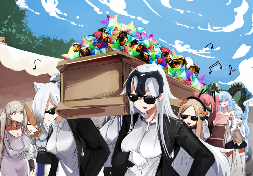 6+girls abigail_williams_(fate) absurdres animal_ears arknights azur_lane black_bow black_headwear black_jacket blonde_hair blue_hair bow breasts bremerton_(azur_lane) cat_ears character_request closed_eyes closed_mouth cloud cloudy_sky crossover curled_horns dancing dancing_pallbearers_(meme) day dress fate/grand_order fate_(series) forehead formidable_(azur_lane) girls&#039;_frontline gloves grey_hair hair_between_eyes hair_bow hair_ornament highres holding horns idw_(girls&#039;_frontline) jacket jeanne_d&#039;arc_alter_(fate) kroos_(arknights) large_breasts long_hair long_horns long_sleeves looking_at_viewer meme multicolored_hair multiple_girls my700 open_clothes open_mouth orange_bow pa-15_(girls&#039;_frontline) parted_bangs photoshop_(medium) pink_hair red_eyes saint_quartz_(fate) schwarz_(arknights) shirt sky smile streaked_hair sunglasses tiamat_(fate) twintails very_long_hair white_gloves white_shirt