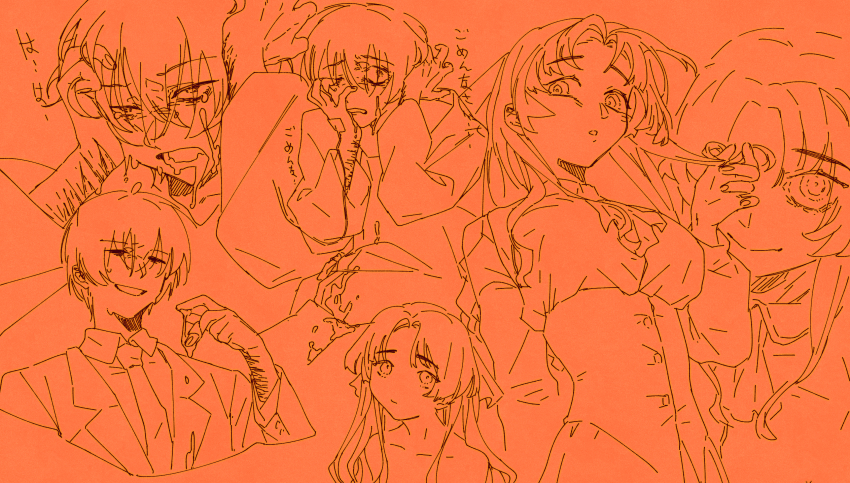 1boy 1girl absurdres bags_under_eyes breasts chinese_commentary closed_eyes closed_mouth clutching_head collared_shirt commentary_request cropped_legs cropped_shoulders crying crying_with_eyes_open cum cum_on_body cum_on_clothes cum_on_hands curtained_hair drooling facial formal_clothes furrowed_brow grin hair_ribbon hand_on_own_face hand_up highres hitomi_hirosuke_(sayonara_wo_oshiete) hospital_gown intravenous_drip lapels large_breasts lineart long_hair long_sleeves looking_at_viewer monochrome multiple_scars multiple_views neck_ribbon necktie nervous_smile nude orange_theme parted_lips ribbon robe sayonara_wo_oshiete scar scar_on_arm scared self-harm_scar shirt short_hair simple_background sitting smile suit tears translation_request twirling_hair ueno_koyori underbust uneven_eyes yanquan_shui_bu_xing