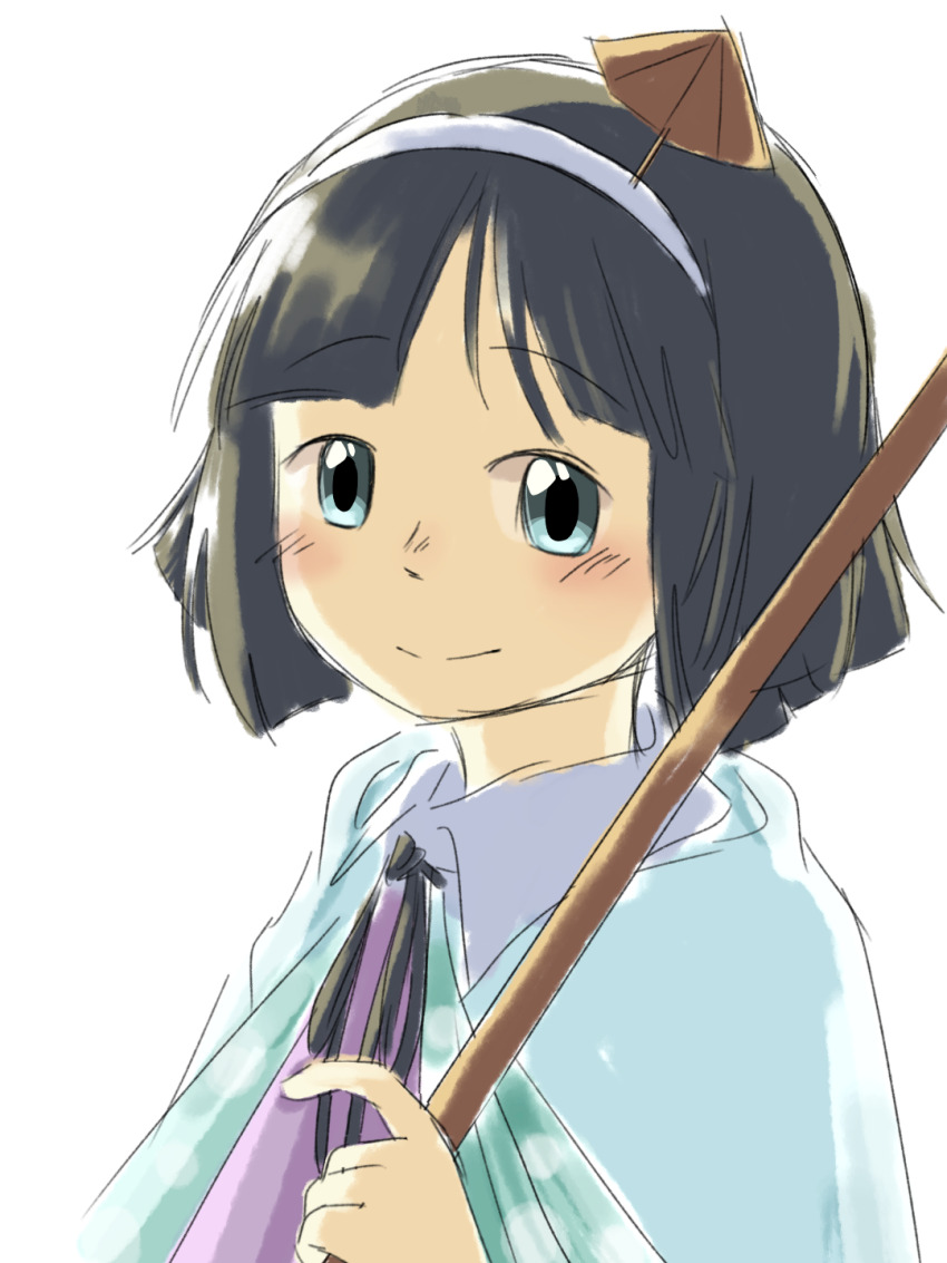 1other amanomiya_jun androgynous baila_kuangzi black_hair black_ribbon blue_cape blue_eyes cape chinese_commentary closed_mouth collared_shirt commentary_request hairband highres holding len&#039;en neck_ribbon other_focus purple_shirt ribbon shirt short_hair simple_background sketch smile umbrella_hair_ornament white_background white_hairband