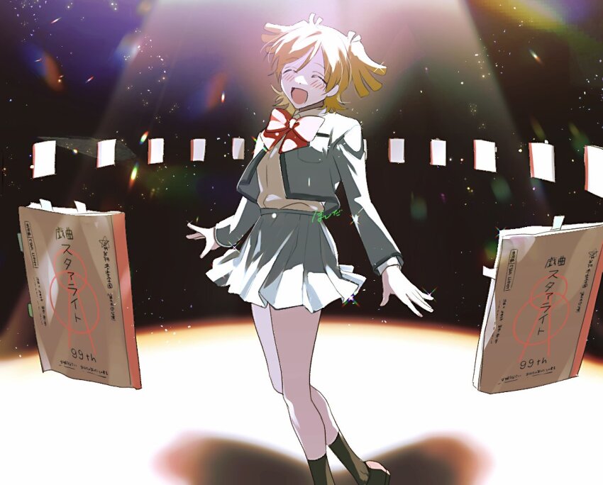 :d ^_^ a-pose black_shoes black_socks blonde_hair blush bow bowtie breast_pocket closed_eyes collared_shirt commentary_request daiba_nana dark_background dot_nose facing_viewer floating floating_object grey_jacket grey_skirt hoshida_(216) jacket kneehighs lens_flare light_particles loafers long_sleeves miniskirt notebook open_hands open_mouth pleated_skirt pocket red_bow red_bowtie school_uniform seishou_music_academy_uniform shadow shirt shirt_tucked_in shoes short_hair short_twintails shoujo_kageki_revue_starlight skirt smile socks spotlight standing three_quarter_view twintails two_side_up white_shirt