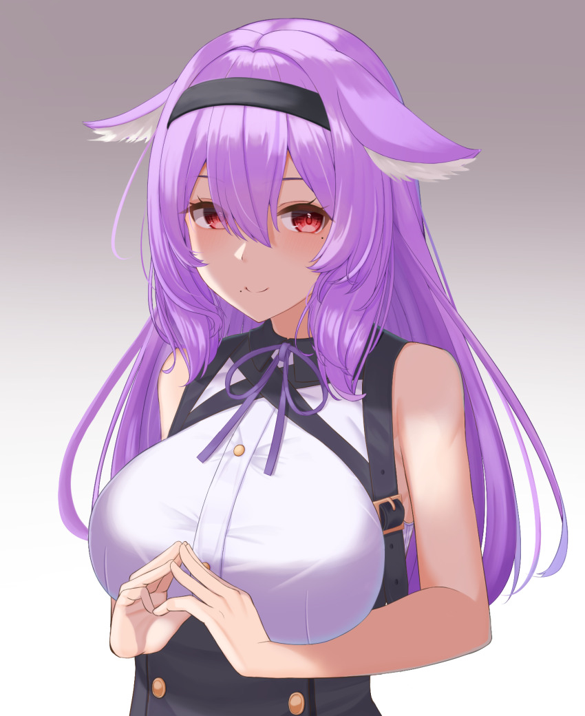 1girl animal_ear_fluff animal_ears bare_arms bare_shoulders black_hairband black_skirt blush breasts buttons cat_ears closed_mouth gradient_background grey_background hair_between_eyes hairband high-waist_skirt highres kikyo_(vrchat) large_breasts long_hair looking_at_viewer mashiro03 mole mole_under_eye mole_under_mouth neck_ribbon purple_hair purple_ribbon red_eyes ribbon shirt simple_background skirt sleeveless sleeveless_shirt smile solo steepled_fingers suspenders upper_body vrchat white_shirt
