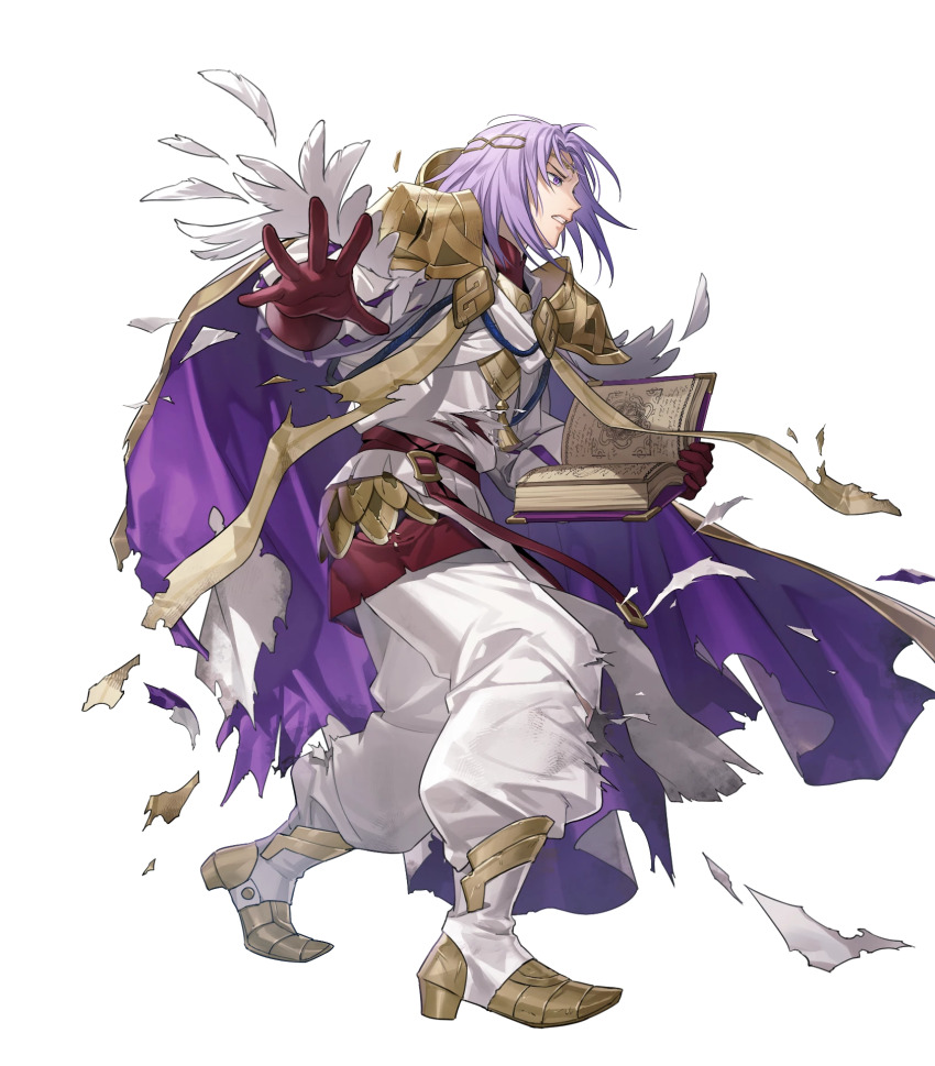 1boy book brown_gloves cape circlet clenched_teeth damaged fire_emblem fire_emblem:_the_sacred_stones fire_emblem_heroes gloves gold_trim highres holding holding_book lyon_(fire_emblem) lyon_(resplendent)_(fire_emblem) male_focus medium_hair nintendo non-web_source official_alternate_costume official_art open_mouth purple_cape purple_eyes purple_hair solo teeth torn_cape torn_clothes white_cap white_cape
