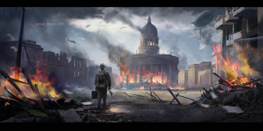 absurdres aircraft airplane artist_name battle dirigible dome fire grey_sky gun helmet highres letterboxed lonesome_street original pillar rifle ruins scenery sky smoke soldier trench war weapon