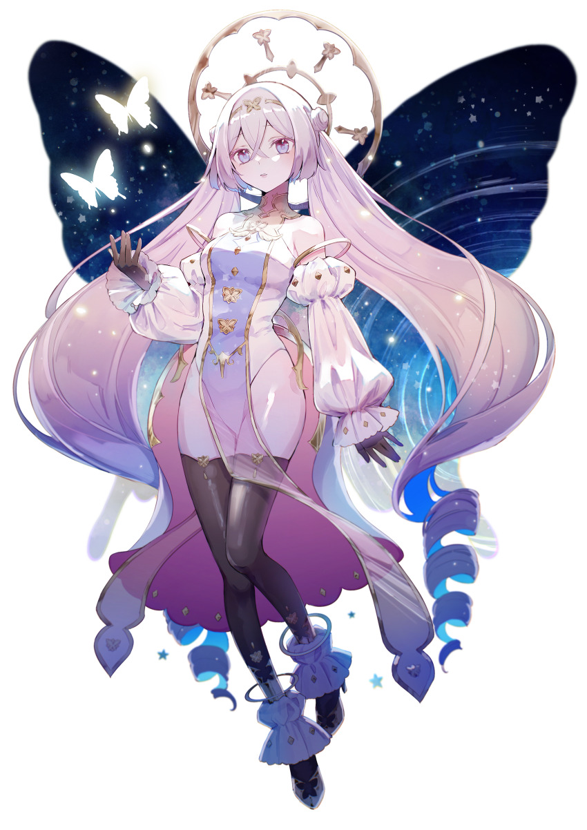 absurdres armpit_crease atelier_(series) atelier_sophie atelier_sophie_2 bare_shoulders black_gloves black_thighhighs blue_hair blush bug butterfly butterfly_wings circlet colored_inner_hair crossed_bangs detached_sleeves double_bun double_exposure drill_hair full_body gloves gradient_hair hair_between_eyes hair_bun halo high_heels highleg highleg_leotard highres hitoba insect insect_wings knees_together_feet_apart leotard long_hair looking_at_viewer multicolored_eyes multicolored_hair pelvic_curtain pink_hair plachta puffy_sleeves raised_eyebrows see-through_clothes simple_background space star_(sky) thighhighs thighs twin_drills twintails very_long_hair white_background white_leotard wings