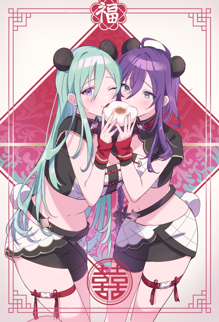 2girls absurdres alternate_hair_length alternate_hairstyle animal_ears ayase_mayoi breasts cheek-to-cheek chinese_knot chinese_knot_border choker cleavage_cutout clothing_cutout cowboy_shot crop_top double_happiness dumpling eating ensemble_stars! extra_ears film_grain flower_knot food furrowed_brow genderswap genderswap_(mtf) good_fortune_symbol hair_between_eyes hand_up heads_together highres holding holding_food kazehaya_tatsumi knee_up large_breasts layered_shorts long_hair mandarin_collar medium_breasts mole mole_on_breast multiple_girls navel one_eye_closed panda_ears panda_tail puffy_short_sleeves puffy_sleeves red_arm_warmers red_choker sharing_food short_shorts short_sleeves shorts stomach thigh_strap umeshiso very_long_hair white_tail wide_sleeves yellow_trim