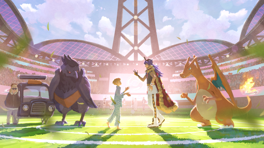 3girls 6+boys absurdres allister_(pokemon) artist_request barefoot baseball_cap bea_(pokemon) cabbie_(pokemon) cape champion_uniform charizard closed_mouth cloud copyright_name corviknight dark-skinned_male dark_skin day facial_hair falling_leaves fire flame-tipped_tail fur-trimmed_cape fur_trim gen_1_pokemon gen_8_pokemon hand_up hat highres john_(pokemon) leaf leon_(pokemon) long_hair milo_(pokemon) multiple_boys multiple_girls nessa_(pokemon) nintendo official_art official_wallpaper oleana_(pokemon) outdoors pants pantyhose pokemon pokemon:_twilight_wings pokemon_(creature) pokemon_swsh purple_hair raihan_(pokemon) red_cape rose_(pokemon) second-party_source shirt short_sleeves sky smile stadium standing tail w