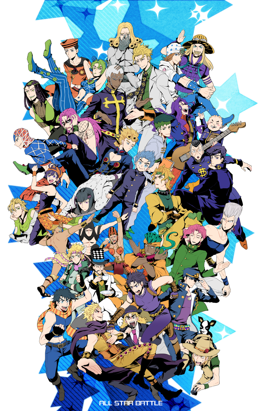 &gt;:d 2girls 6+boys :d :o absurdres all_star_battle bare_shoulders beanie beard belt black_hair blonde_hair blue_eyes blue_hair boots bowler_hat braid brown_eyes brown_hair bruno_bucciarati bug caesar_anthonio_zeppeli copyright_name crop_top dark-skinned_male dark_skin diavolo dio_brando dixie_cup_hat dog double_bun earrings enrico_pucci esidisi everyone facial_hair facial_mark fang fingerless_gloves fist_pump flexing formal_clothes funny_valentine gakuran giorno_giovanna gloves green_eyes green_hair guido_mista gyro_zeppeli hair_bun hat head_rest headband heart higashikata_josuke higashikata_josuke_(jojolion) highres hirose_koichi hol_horse hood hoodie iggy_(jojo) insect jean_pierre_polnareff jewelry johnny_joestar jojo_no_kimyou_na_bouken jojolion jonathan_joestar joseph_joestar joseph_joestar_(young) kakyoin_noriaki kars_(jojo) kira_yoshikage kishibe_rohan knee_boots kuujou_jolyne kuujou_joutarou ladybug lip_piercing lipstick long_hair lots_of_jewelry makeup male_underwear midriff military_hat mohammed_avdol multicolored_hair multiple_belts multiple_boys multiple_girls narancia_ghirga navel necktie nijimura_okuyasu nose_piercing nose_ring one_eye_closed open_mouth otoishi_akira pannacotta_fugo piercing pink_hair pompadour purple_hair red_eyes robert_e._o._speedwagon sailor scarf school_uniform short_hair skin_tight sleeveless smile steel_ball_run striped_clothes striped_scarf sudachips suit top_hat two-tone_hair underwear v-shaped_eyebrows vento_aureo wamuu white_hair will_anthonio_zeppeli wink yangu_shigekiyo