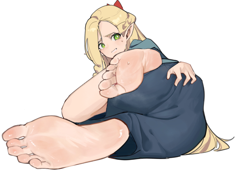 1girl barefoot blonde_hair cameltoe dungeon_meshi feet foot_focus green_eyes highres light_blush long_hair looking_at_viewer lying marcille_donato on_side parted_lips pointy_ears soles sweat toes un_ke_yukiovo