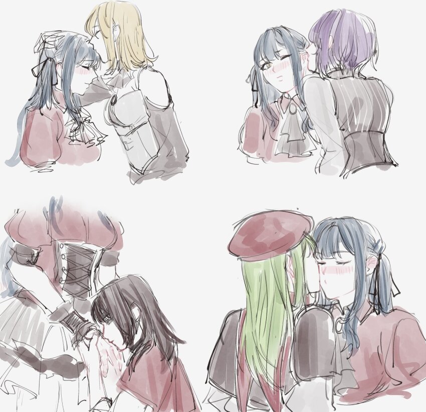 5girls amoris_(bang_dream!) ave_mujica_(bang_dream!) bang_dream! bang_dream!_it&#039;s_mygo!!!!! black_corset black_hair black_ribbon black_shirt blonde_hair blue_hair blush closed_eyes closed_mouth commentary corset doloris_(bang_dream!) english_commentary green_hair hair_ribbon hat highres imminent_kiss kiss kissing_ear kissing_forehead kissing_hand long_hair medium_hair misumi_uika mortis_(bang_dream!) mortis_(costume)_(bang_dream!) multiple_girls oblivionis_(bang_dream!) one_eye_closed puckered_lips purple_hair rai_illust red_hat red_shirt ribbon shirt short_hair simple_background timoris_(bang_dream!) togawa_sakiko two_side_up wakaba_mutsumi white_background yahata_umiri yellow_eyes yuri yuutenji_nyamu