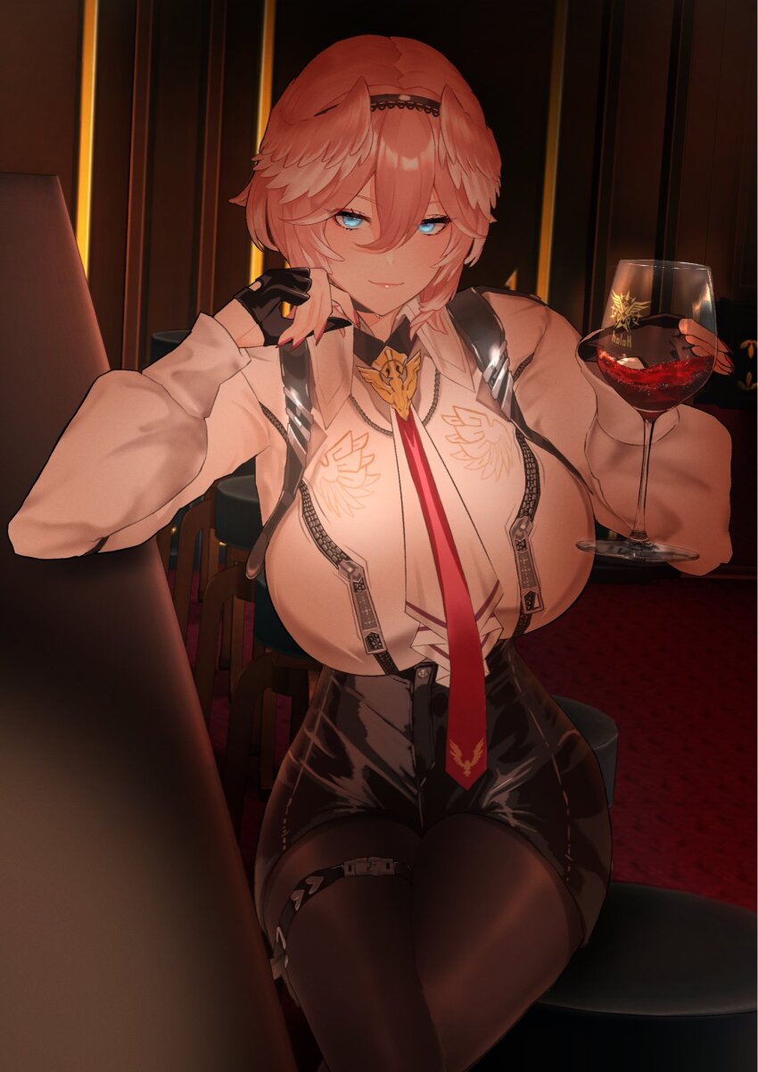 1girl alcohol black_gloves blue_eyes breasts cup drinking_glass fingerless_gloves gloves hair_between_eyes hairband head_wings high-waist_shorts highres hololive huoxing_jiuzai large_breasts long_sleeves looking_at_viewer necktie pantyhose pink_hair puffy_sleeves red_wine shirt short_hair shorts smile solo takane_lui takane_lui_(1st_costume) virtual_youtuber white_shirt wine wine_glass wings