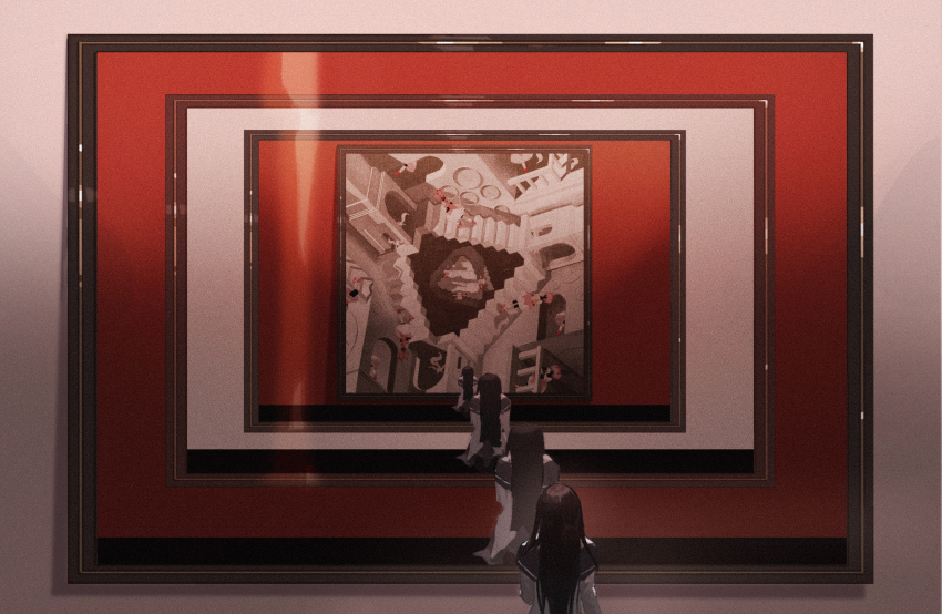 4girls absurdres akemi_homura akemi_homura_(magical_girl) black_hair chinese_commentary commentary_request facing_away fine_art_parody from_behind highres impossible_architecture kaname_madoka kaname_madoka_(magical_girl) kyubey long_hair m_c_escher mahou_shoujo_madoka_magica mahou_shoujo_madoka_magica_(anime) multiple_girls multiple_persona painting_(object) parody penrose_stairs picture_frame relativity seiza sitting standing straight_hair upper_body yayaziiii