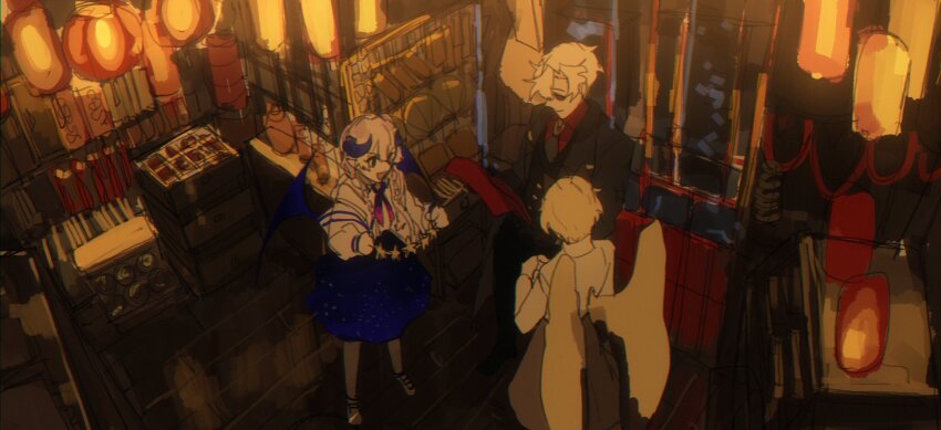 1girl 2boys architecture cupboard dust_girl east_asian_architecture highres indoors interior lantern looking_at_another multiple_boys original paper_lantern plate restaurant white_hair