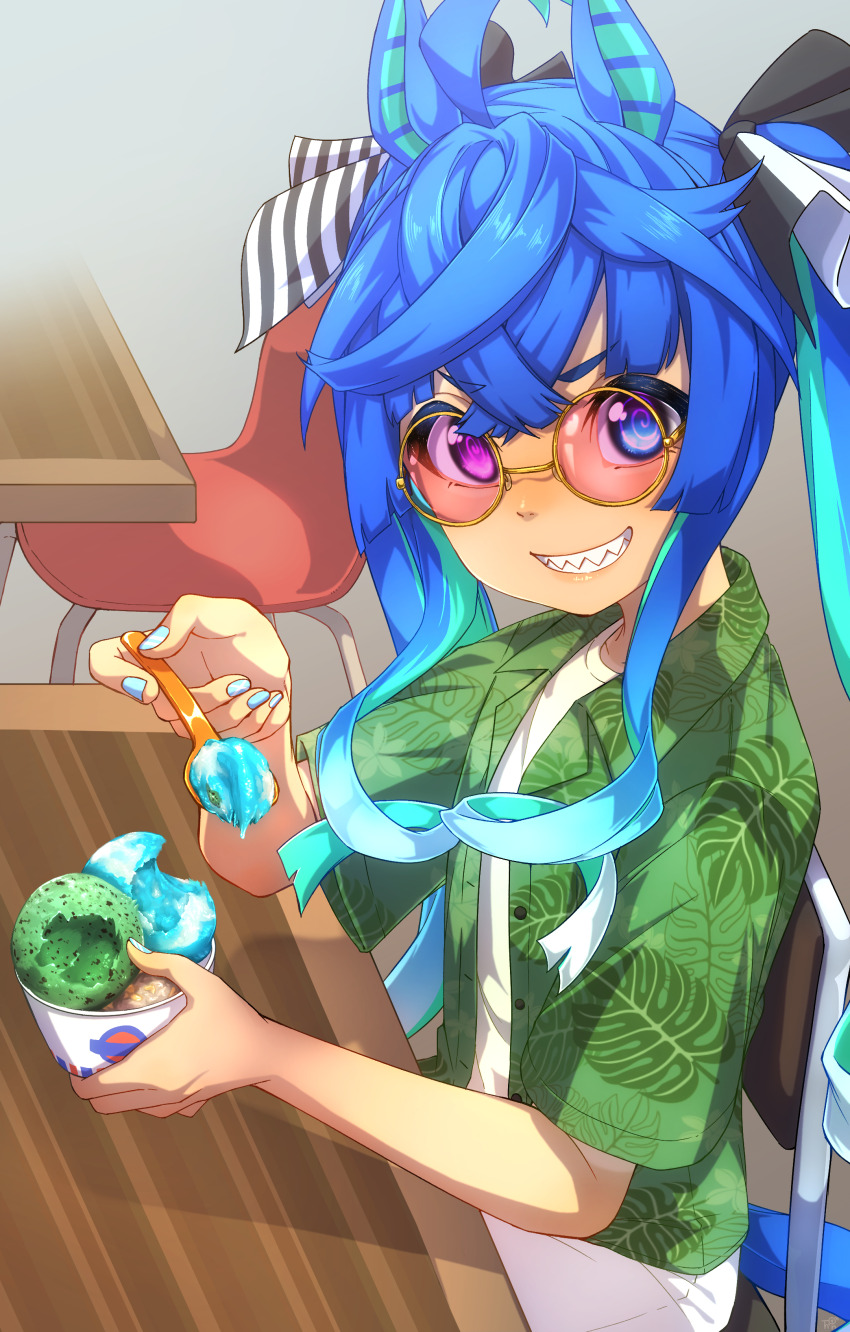 1girl @_@ absurdres ahoge alternate_costume animal_ears aqua_hair aqua_nails blue_eyes blue_hair bow commentary_request crossed_bangs floral_print floral_print_shirt food grin hair_bow heterochromia highres holding holding_food holding_ice_cream holding_spoon horse_ears horse_girl horse_tail ice_cream ice_cream_cup long_hair looking_at_viewer multicolored_hair nail_polish on_chair purple_eyes red-tinted_eyewear round_eyewear sharp_teeth shirt short_sleeves sidelocks sitting smile solo spoon striped_bow sunglasses table tail teeth thin_(suzuneya) tinted_eyewear twin_turbo_(umamusume) twintails two-tone_hair umamusume unbuttoned unbuttoned_shirt white_shirt yellow-framed_eyewear