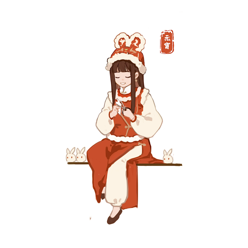 1girl animal_ear_headwear animal_ears blunt_bangs bow bow_skirt brown_bow brown_footwear brown_hair chinese_commentary chinese_text chinese_zodiac closed_eyes collared_shirt colored_inner_hair commentary_request cutting earrings fake_animal_ears flats full_body fur-trimmed_headwear fur-trimmed_vest fur_trim hat high_collar highres holding holding_paper holding_scissors jewelry long_hair long_skirt long_sleeves lying multicolored_hair on_back open_mouth original pants paper puffy_long_sleeves puffy_sleeves rabbit rabbit_ears red_hat red_skirt red_vest scissors shirt side_slit sidelocks simple_background sitting skirt smile solo sphere_earrings straight_hair teeth translation_request vest white_background white_pants white_shirt year_of_the_rabbit youlizi-yuri