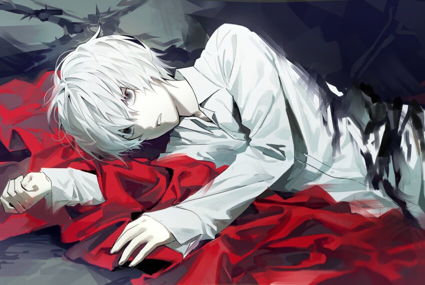 1boy blanket cgvske1003 collared_shirt death_note grey_eyes hair_between_eyes hashtag-only_commentary highres long_sleeves looking_at_viewer lying male_focus messy_hair near_(death_note) on_side pale_skin parted_lips shirt solo upper_body white_hair white_shirt