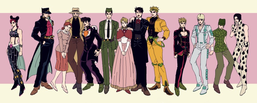 3girls 6+boys battle_tendency diamond_wa_kudakenai dio_brando donatello_versus erina_pendleton family george_joestar_ii giorno_giovanna hage_tashuumi higashikata_josuke highres jojo_no_kimyou_na_bouken jonathan_joestar joseph_joestar joseph_joestar_(old) joseph_joestar_(young) kuujou_holly kuujou_jolyne kuujou_joutarou multiple_boys multiple_girls phantom_blood rikiel stardust_crusaders stone_ocean tnkw125 ungaro vento_aureo