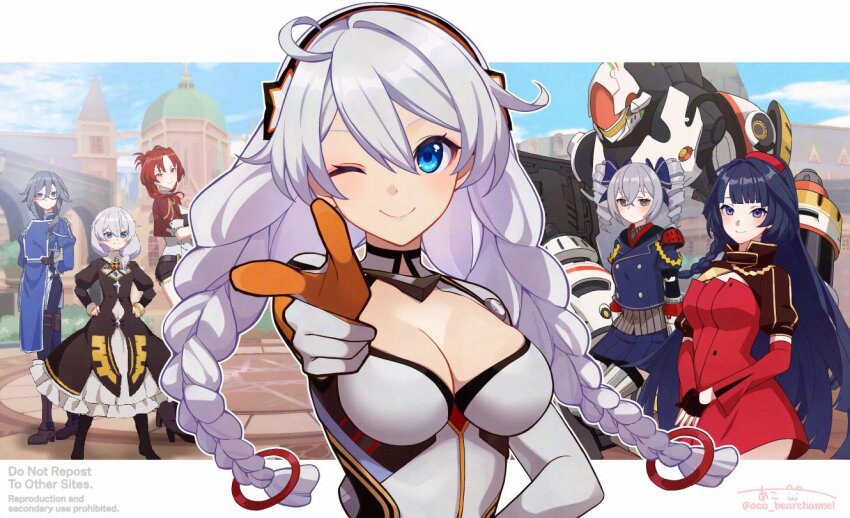 6+girls aco_(bearchannel) aiming aiming_at_viewer black_dress blue_jacket bodysuit braid breasts bronya_zaychik bronya_zaychik_(valkyrie_chariot) cleavage cleavage_cutout closed_mouth clothing_cutout commentary_request dress drill_hair finger_gun fu_hua fu_hua_(valkyrie_accipiter) grey_hair honkai_(series) honkai_impact_3rd jacket kiana_kaslana kiana_kaslana_(white_comet) long_hair multiple_girls murata_himeko murata_himeko_(battle_storm) one_eye_closed ponytail project_bunny raiden_mei raiden_mei_(valkyrie_bladestrike) red_dress red_hair smile theresa_apocalypse theresa_apocalypse_(valkyrie_pledge) twin_braids twin_drills very_long_hair white_bodysuit white_hair