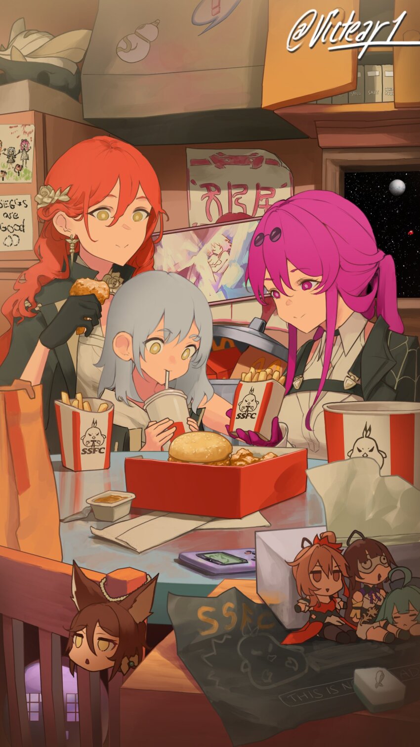 3girls absurdres bag burger chair character_request chicken_(food) child closed_mouth commentary cup disposable_cup drinking drinking_straw drinking_straw_in_mouth english_commentary eyewear_on_head food french_fries fried_chicken game_boy game_boy_color grey_hair guinaifen_(honkai:_star_rail) hair_between_eyes handheld_game_console highres himeko_(honkai:_star_rail) holding holding_cup honkai:_star_rail honkai_(series) huohuo_(honkai:_star_rail) indoors kafka_(honkai:_star_rail) kfc long_hair long_sleeves looking_at_another mcdonald&#039;s multiple_girls paper_bag purple_eyes purple_hair red_hair refrigerator round_eyewear sauce seggs_(meme) shirt sitting smile space stelle_(honkai:_star_rail) sunglasses tingyun_(honkai:_star_rail) tissue tissue_box trailblazer_(honkai:_star_rail) trotter_(honkai:_star_rail) victear white_shirt yellow_eyes yoru_mac