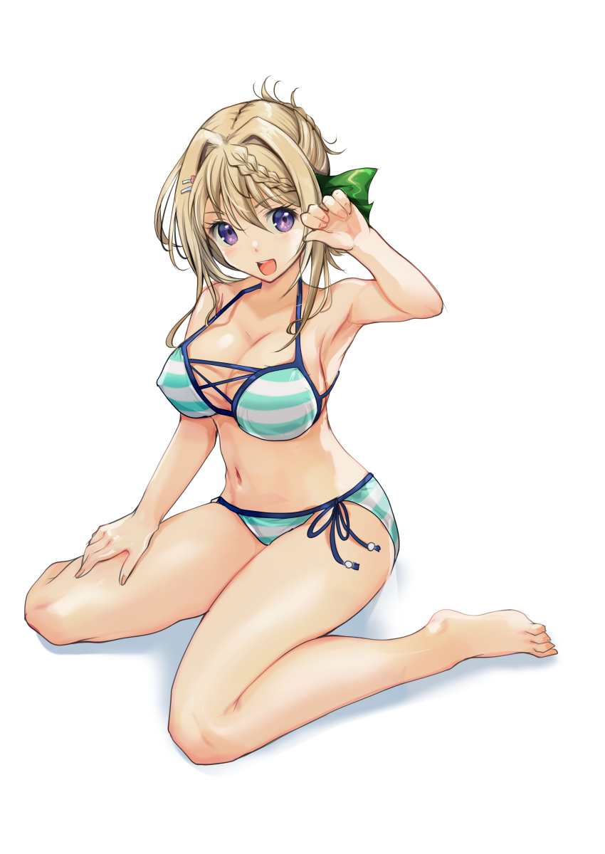 1girl absurdres bikini blonde_hair braid braided_bangs breasts cleavage full_body hair_intakes highres kantai_collection large_breasts leaf_print looking_at_viewer open_mouth perth_(kancolle) perth_(swimsuit)_(kancolle) purple_eyes short_hair side-tie_bikini_bottom simple_background solo striped_bikini striped_clothes swimsuit white_background yashin_(yasinz)
